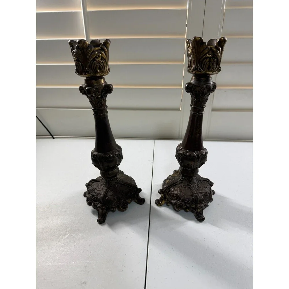 Vintage Rococo Revival Bronzed Spelter Candlesticks Pair 13” Gothic Victorian